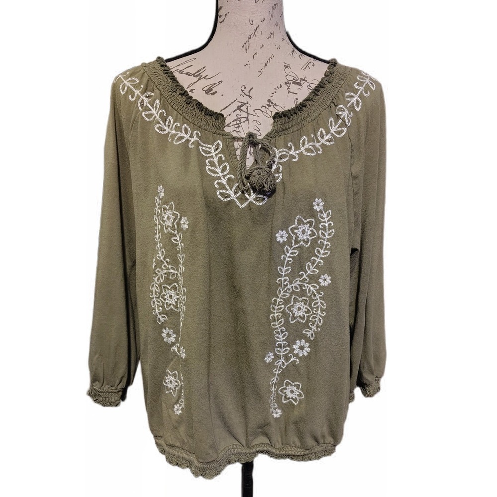 Bandolino Womens Boho Olive Green Embroidered Floral Cotton Peasant Blouse XL - Picture 3 of 8